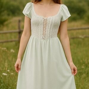 Vintage 70s 80s Lace Corset Mint Green Peasant Nightgown‎ Romantic Cottagecore